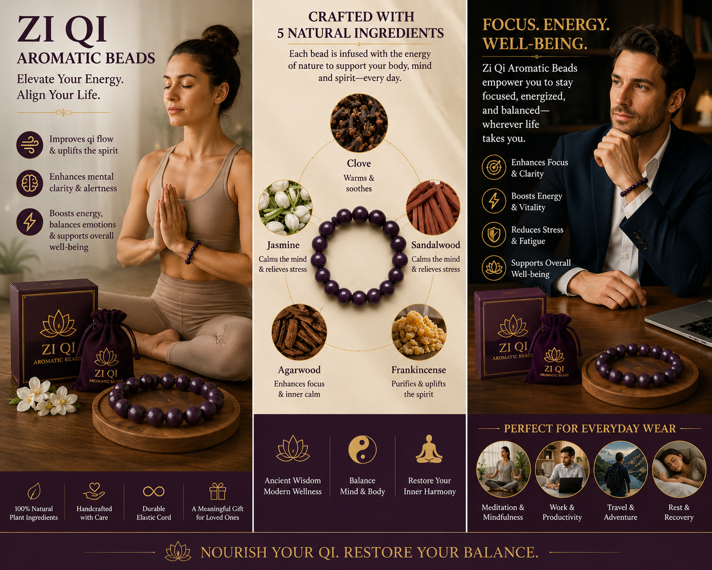 Zi Qi He Xiang Zhu Bracelet | Handmade Chinese Herbal Aroma Beads for Mental Clarity & Emotional Balance
