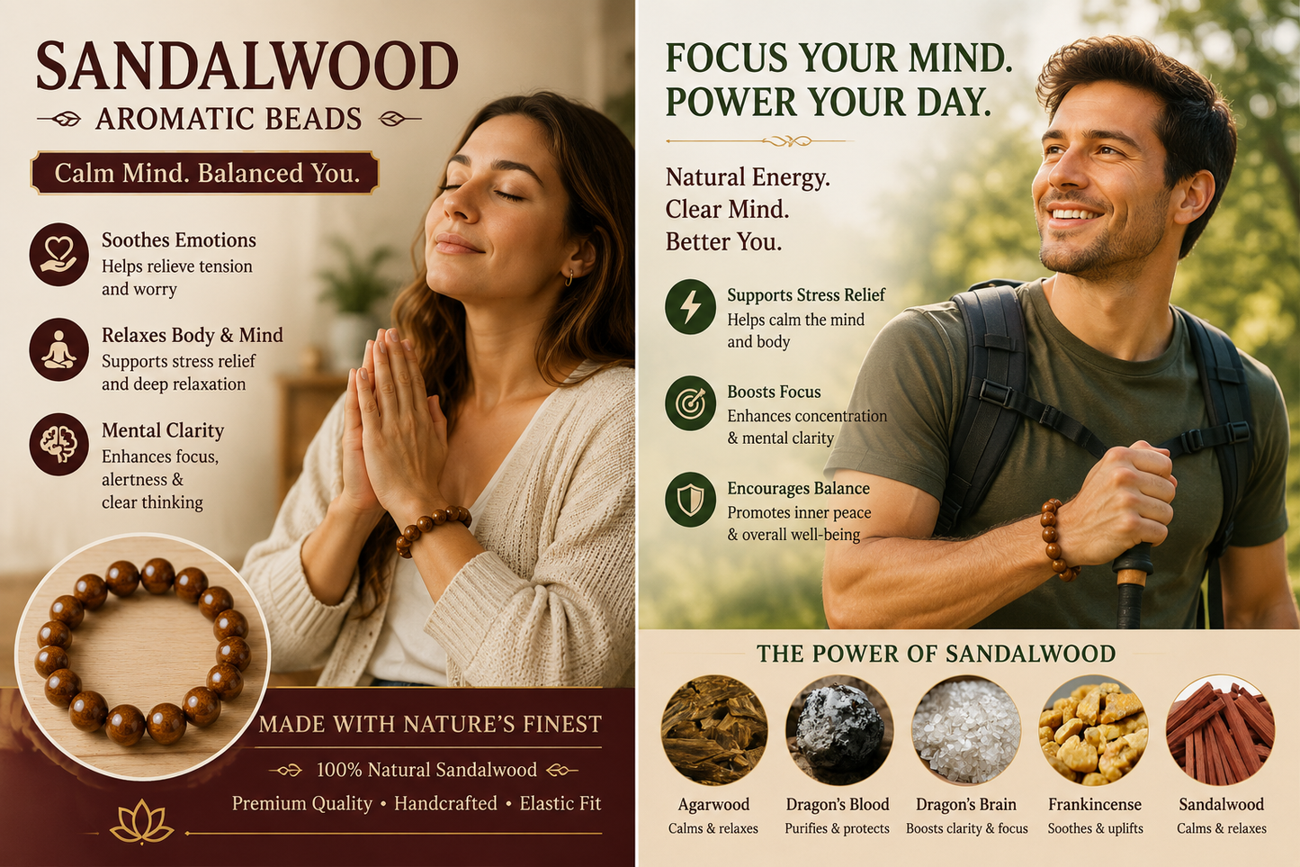 Sandalwood He Xiang Zhu Bracelet | Handmade Chinese Herbal Aroma Beads for Calm Focus
