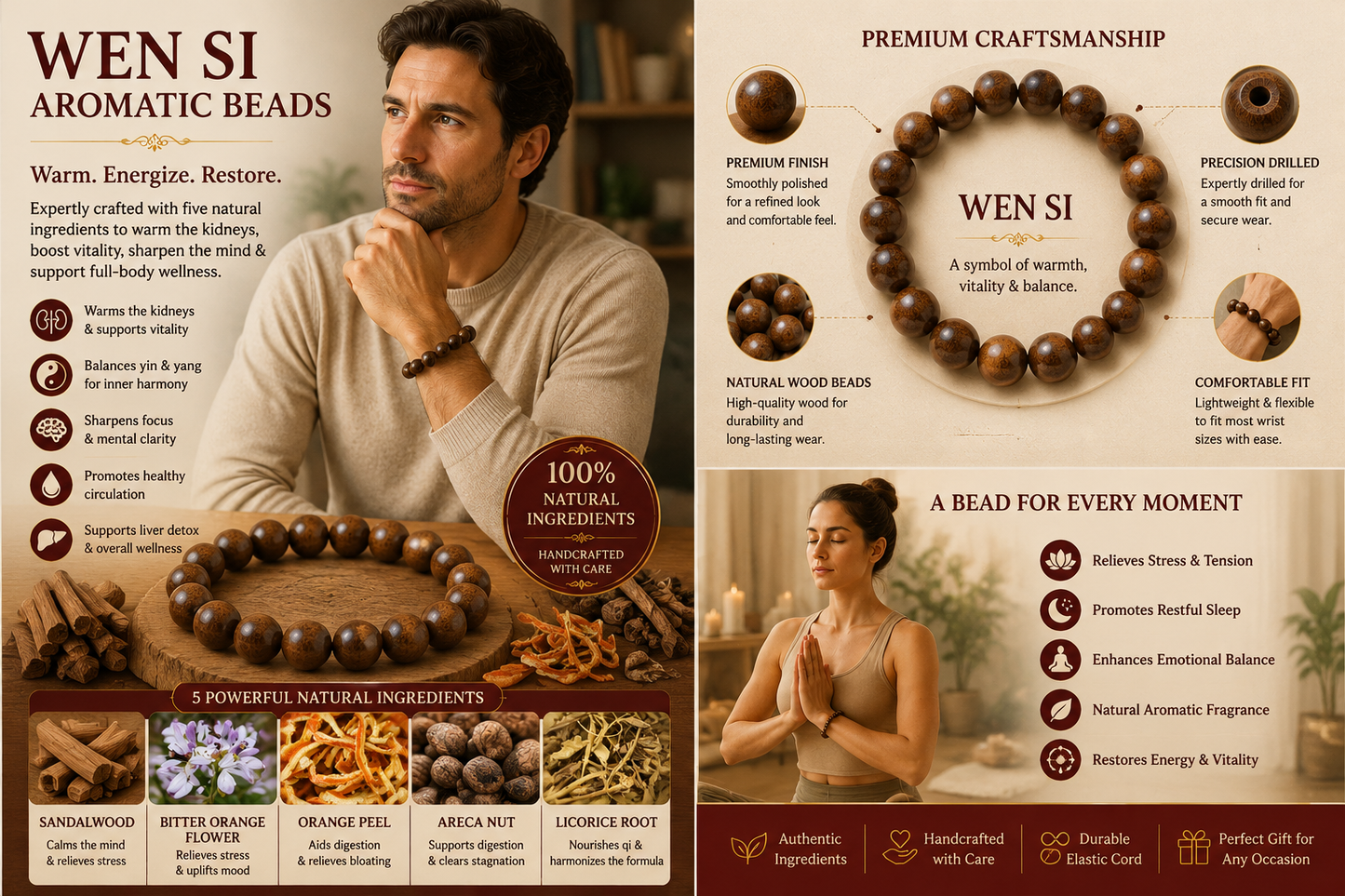 Wen Si He Xiang Zhu Bracelet | Handmade Chinese Herbal Aroma Beads for Digestive Comfort & Mental Clarity