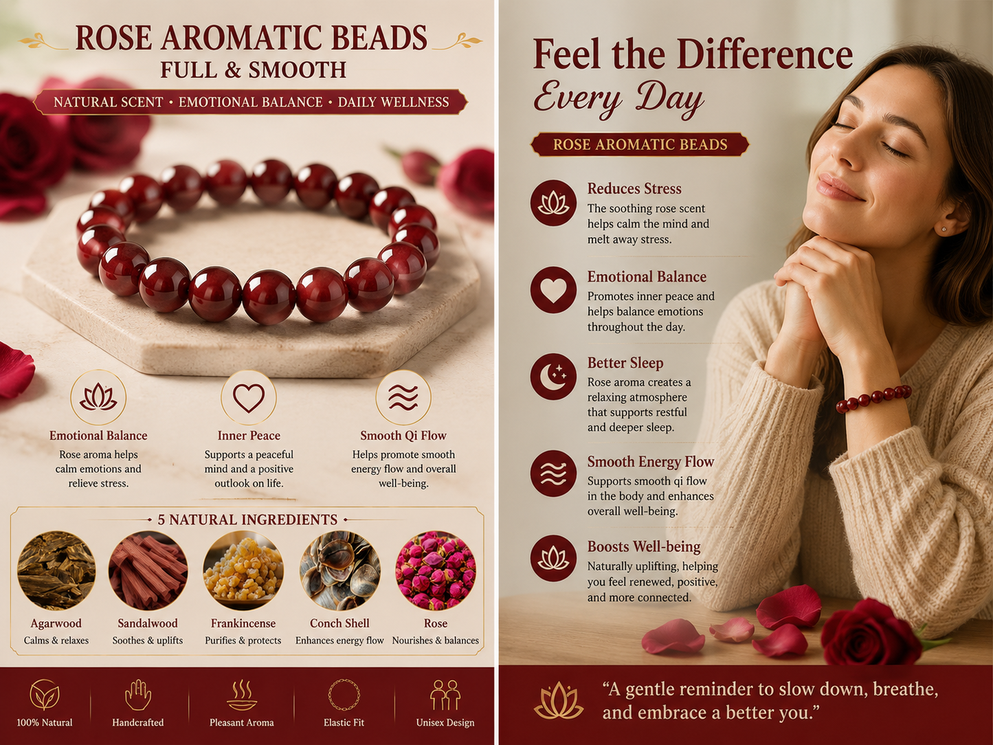 Rose He Xiang Zhu Bracelet | Handmade Chinese Herbal Aroma Beads for Mood Balance