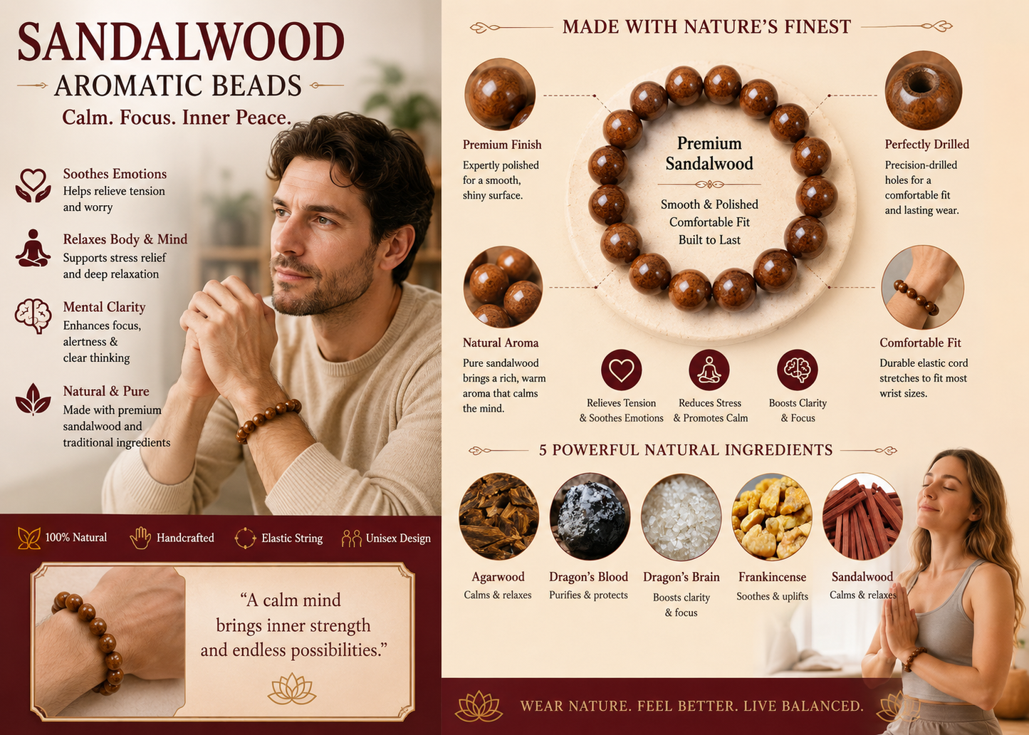 Sandalwood He Xiang Zhu Bracelet | Handmade Chinese Herbal Aroma Beads for Calm Focus