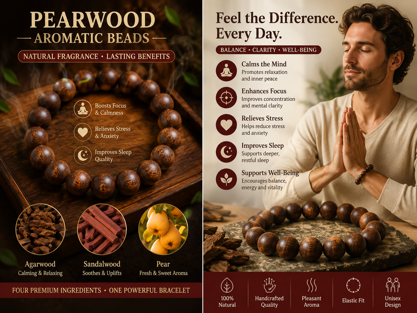 Pearwood He Xiang Zhu Bracelet | Handmade Chinese Herbal Aroma Beads for Sleep & Calm