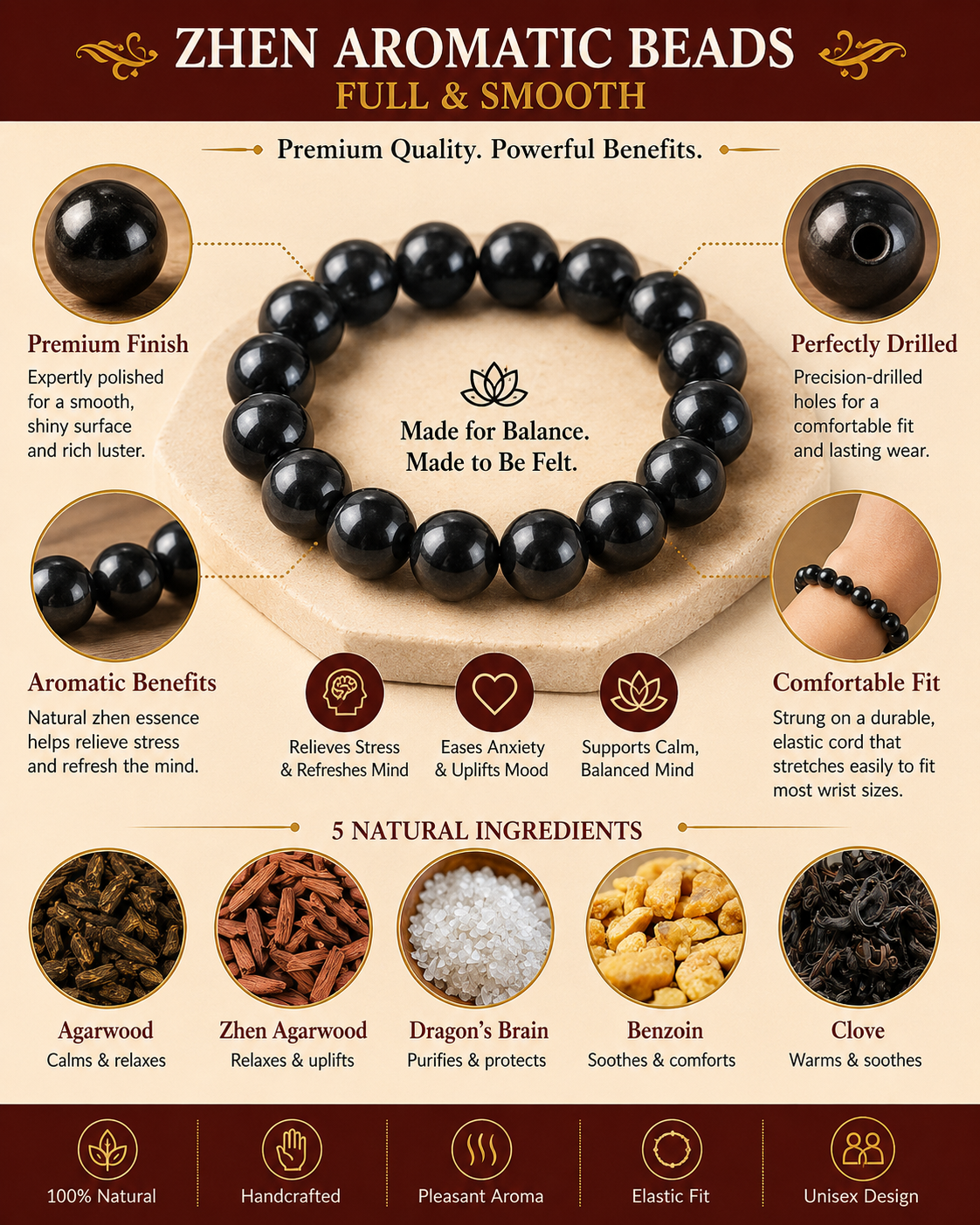 Zhen He Xiang Zhu Bracelet | Handmade Chinese Herbal Aroma Beads for Sleep & Calm