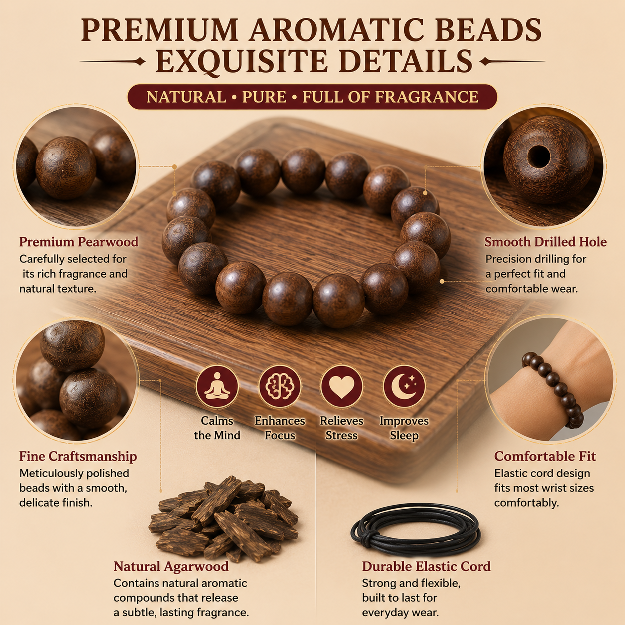 Pearwood He Xiang Zhu Bracelet | Handmade Chinese Herbal Aroma Beads for Sleep & Calm
