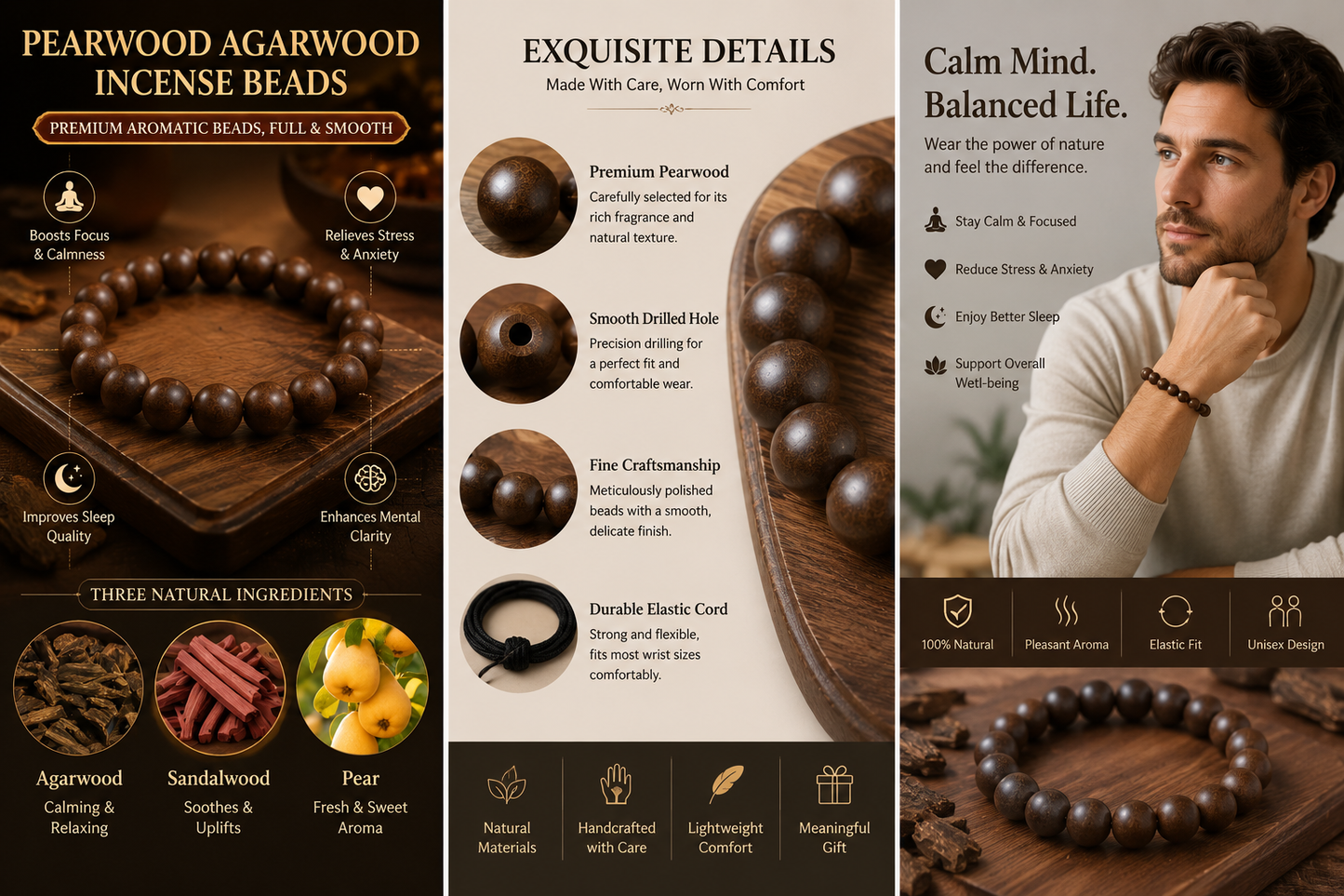 Pearwood He Xiang Zhu Bracelet | Handmade Chinese Herbal Aroma Beads for Sleep & Calm