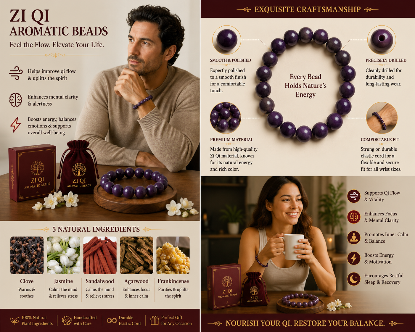Zi Qi He Xiang Zhu Bracelet | Handmade Chinese Herbal Aroma Beads for Mental Clarity & Emotional Balance