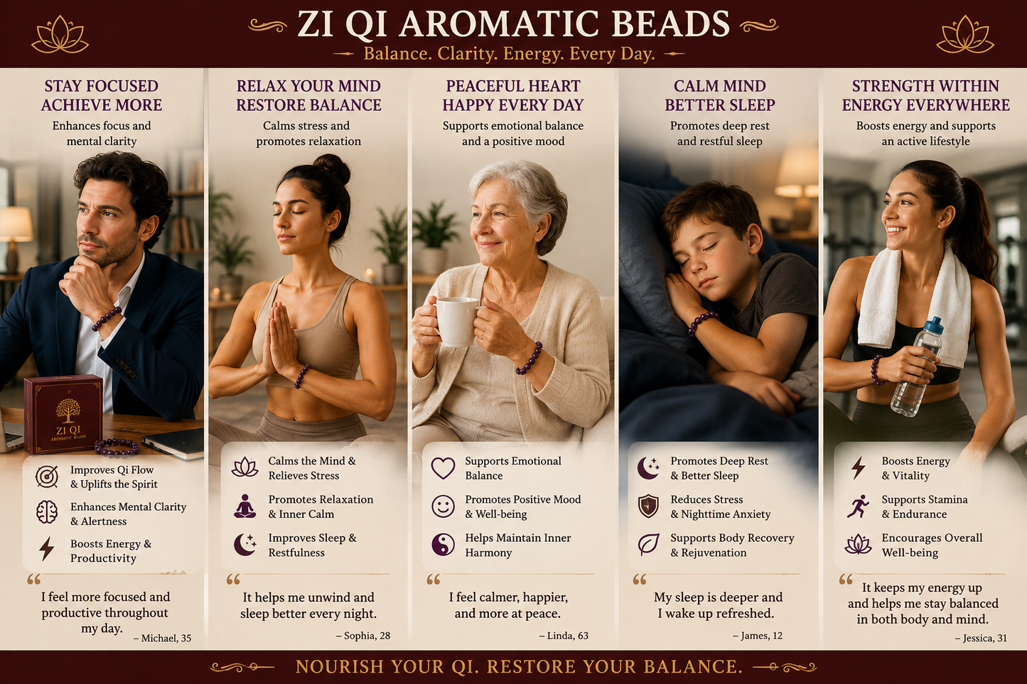 Zi Qi He Xiang Zhu Bracelet | Handmade Chinese Herbal Aroma Beads for Mental Clarity & Emotional Balance
