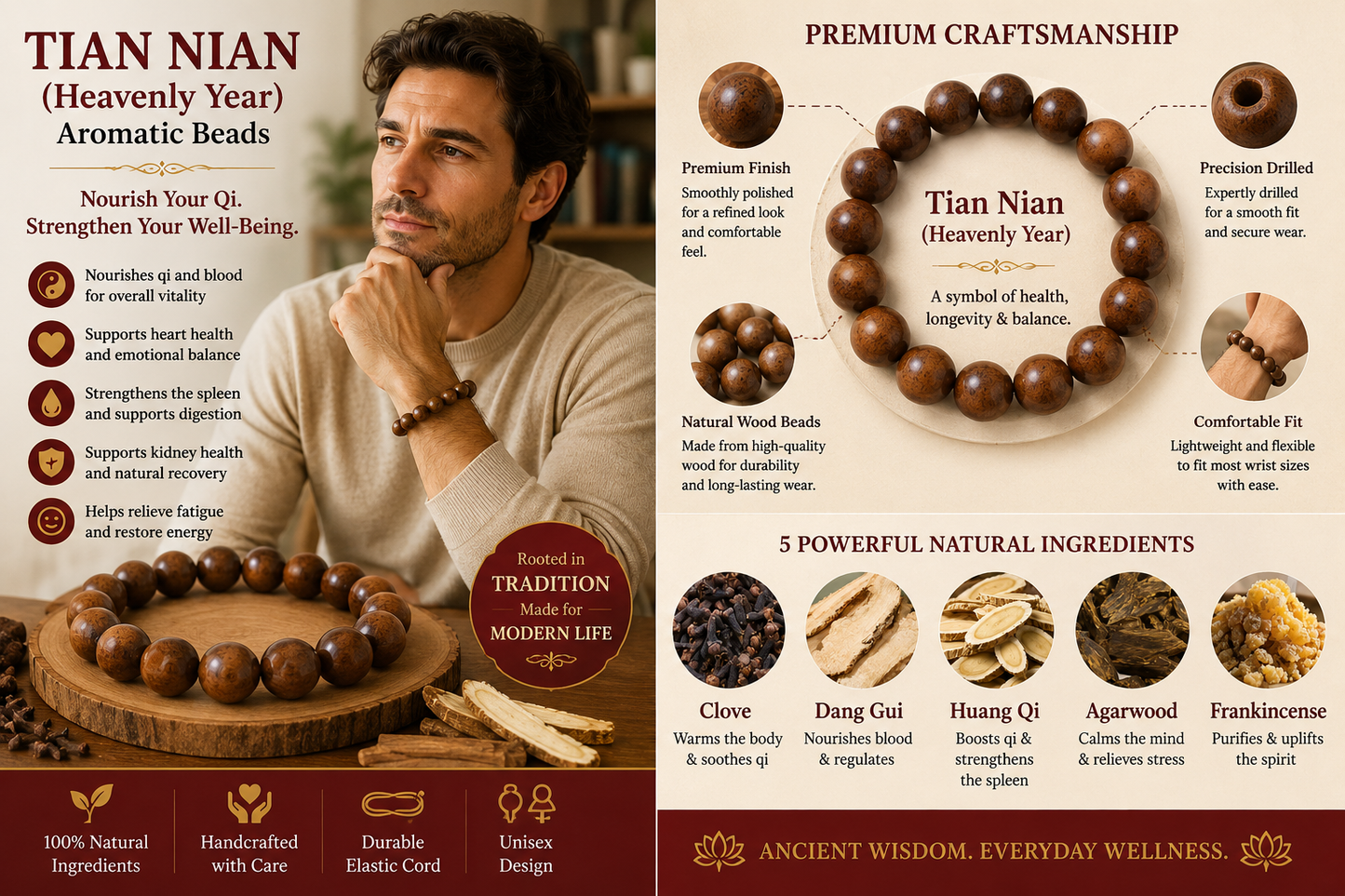 Tian Nian He Xiang Zhu Bracelet | Handmade Chinese Herbal Aroma Beads for Vitality & Recovery