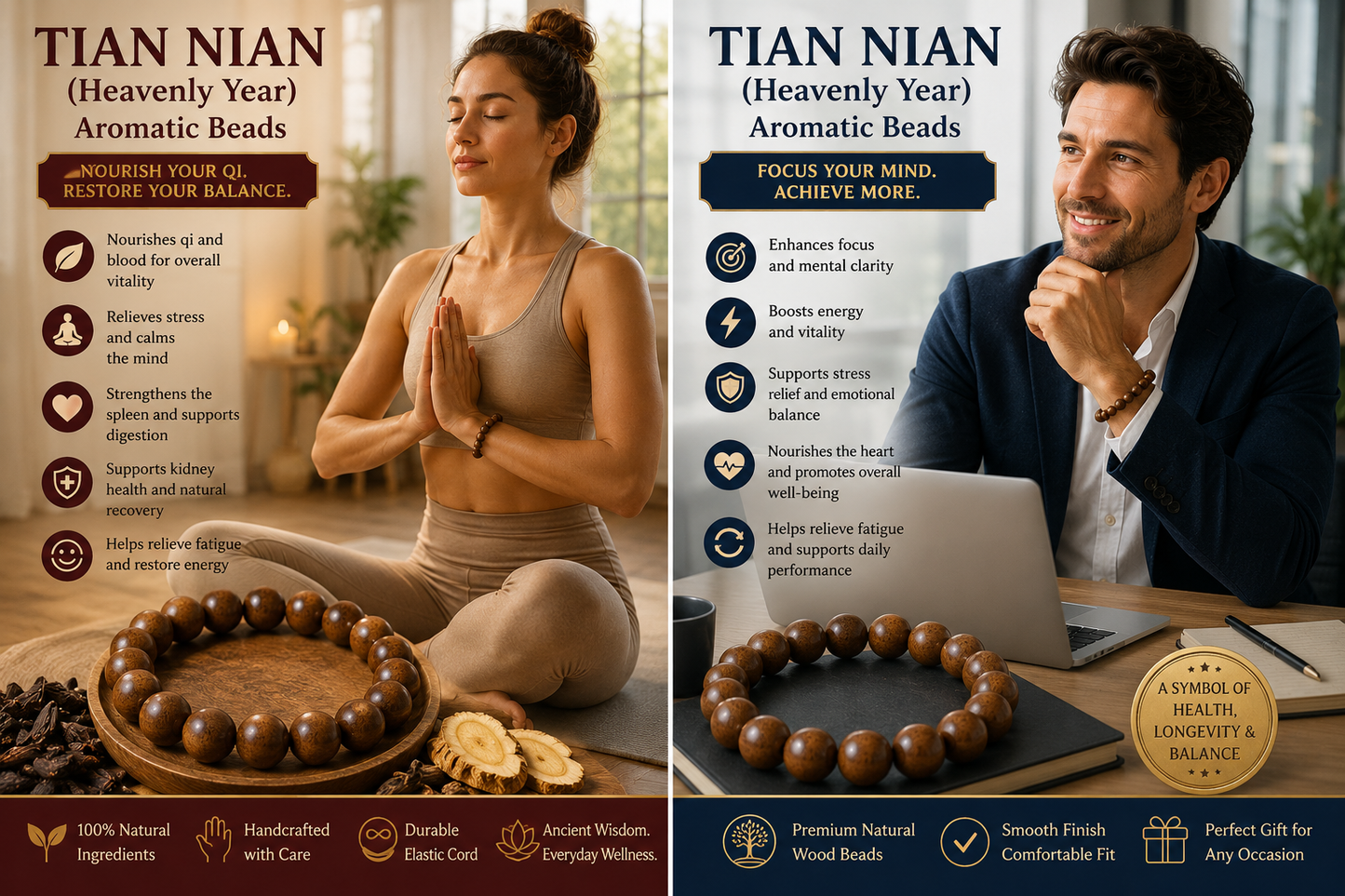 Tian Nian He Xiang Zhu Bracelet | Handmade Chinese Herbal Aroma Beads for Vitality & Recovery