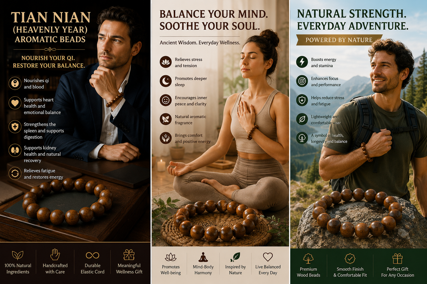 Tian Nian He Xiang Zhu Bracelet | Handmade Chinese Herbal Aroma Beads for Vitality & Recovery