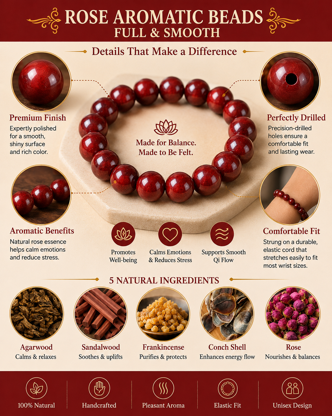 Rose He Xiang Zhu Bracelet | Handmade Chinese Herbal Aroma Beads for Mood Balance