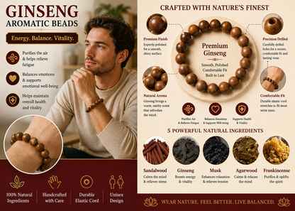 Ginseng He Xiang Zhu Bracelet | Handmade Chinese Herbal Aroma Beads for Energy & Emotional Balance